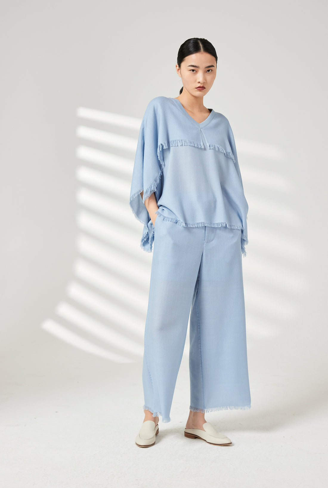 Women's wide-leg fringed fine cashmere trousers